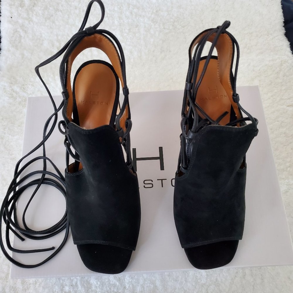 Halston Black Zoe Tie-up Heels; Black suede; Size 7